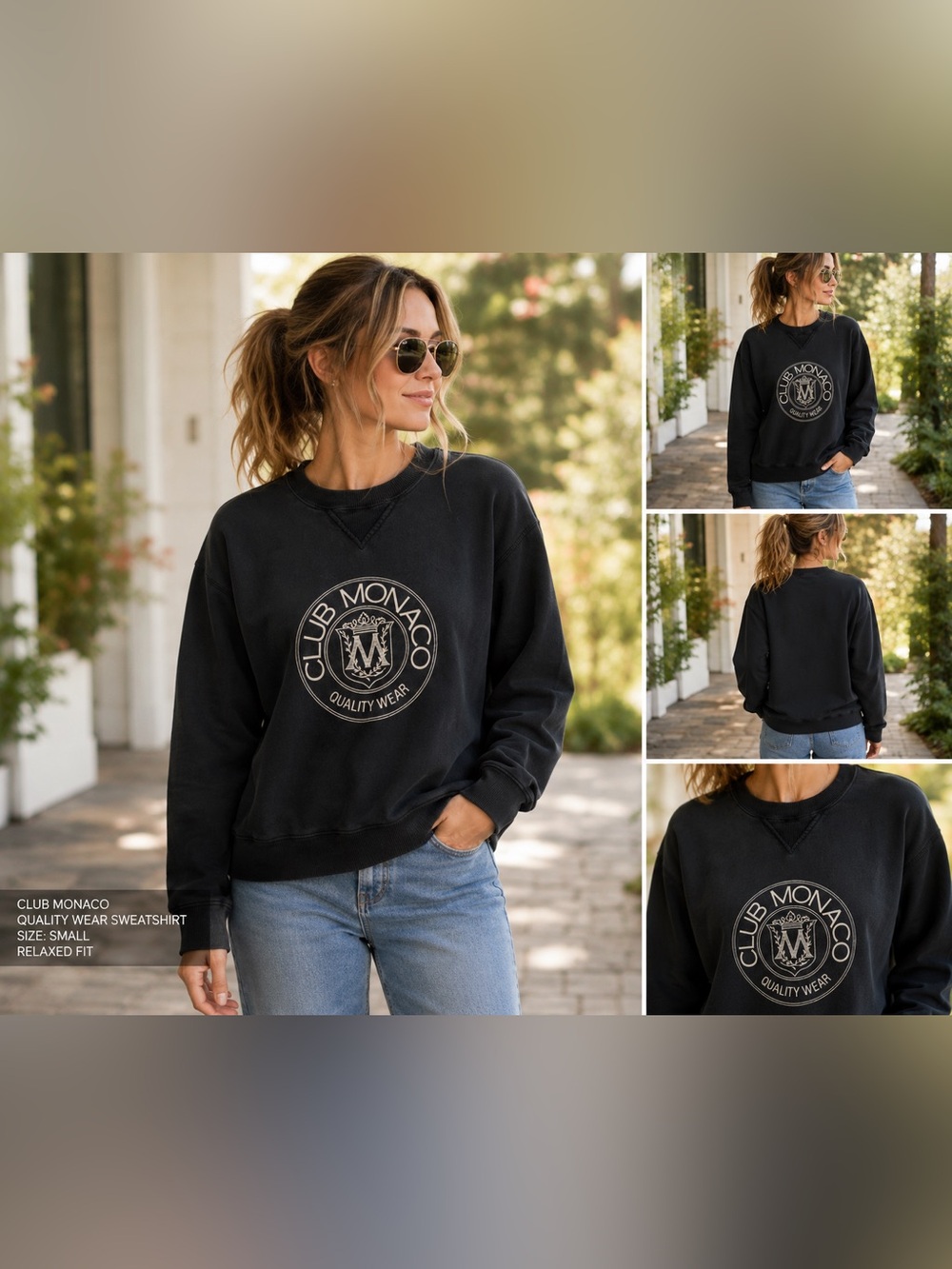 Vintage Club Monaco Black Crest Sweatshirt Made in Canada Size Small